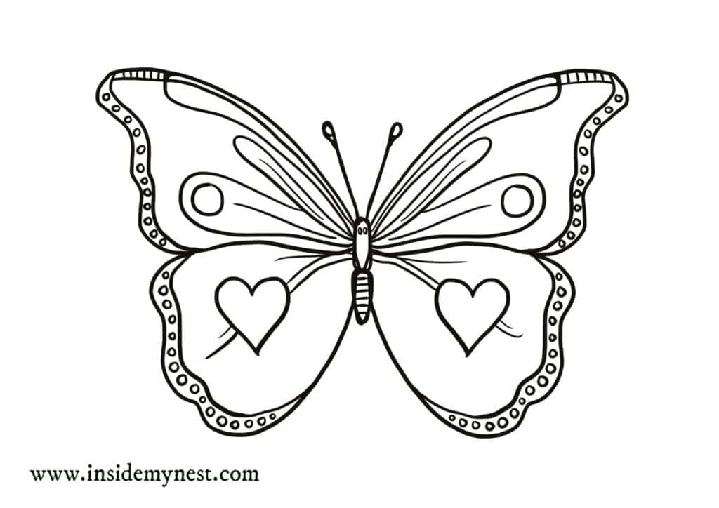kids butterfly coloring page pretty with hearts