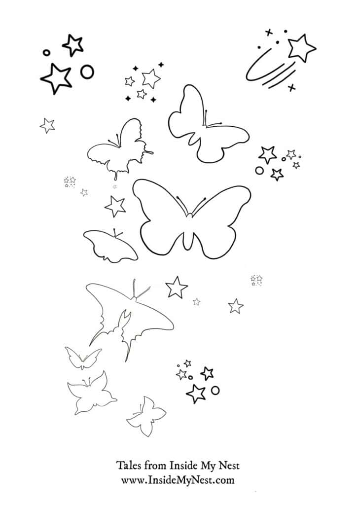 Butterfly and stars coloring page 