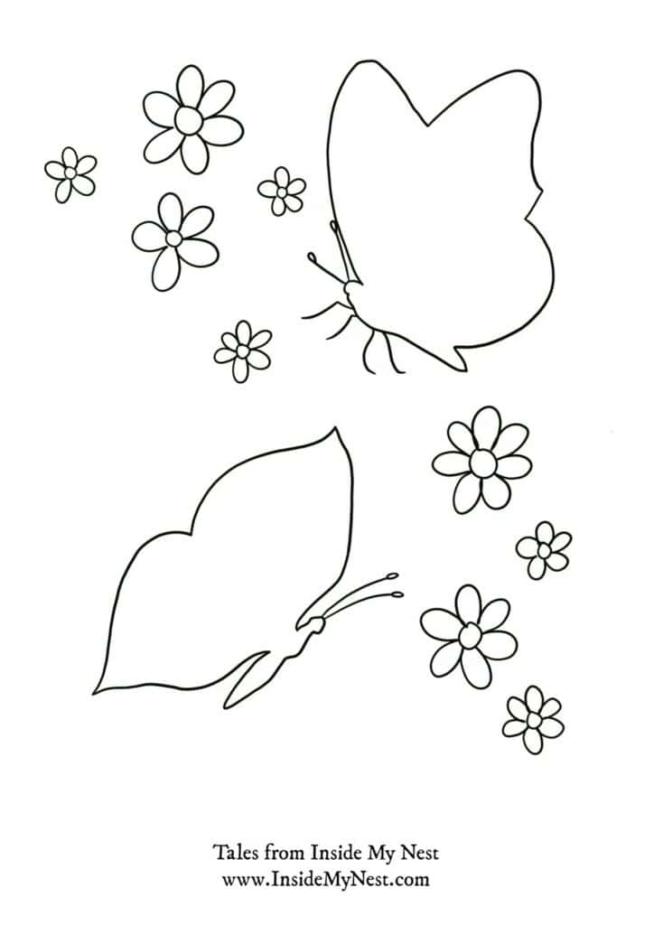 Butterfly with flowers coloring page outline free printable 