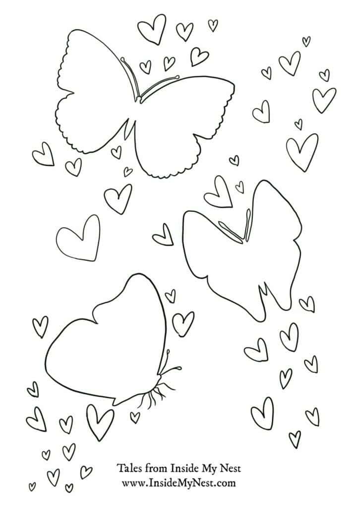 Butterflies and hearts coloring page free printable